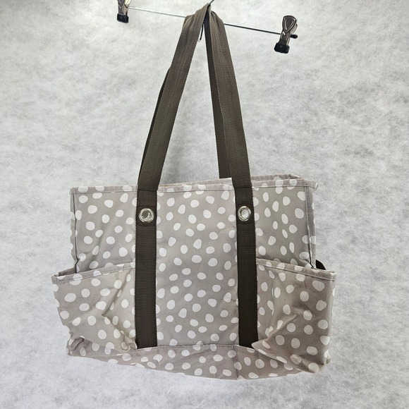 Thirty-One Tote Bag Taupe White Polka Dot Brown Handles 7 Pockets Pre-owned - Picture 1 of 11